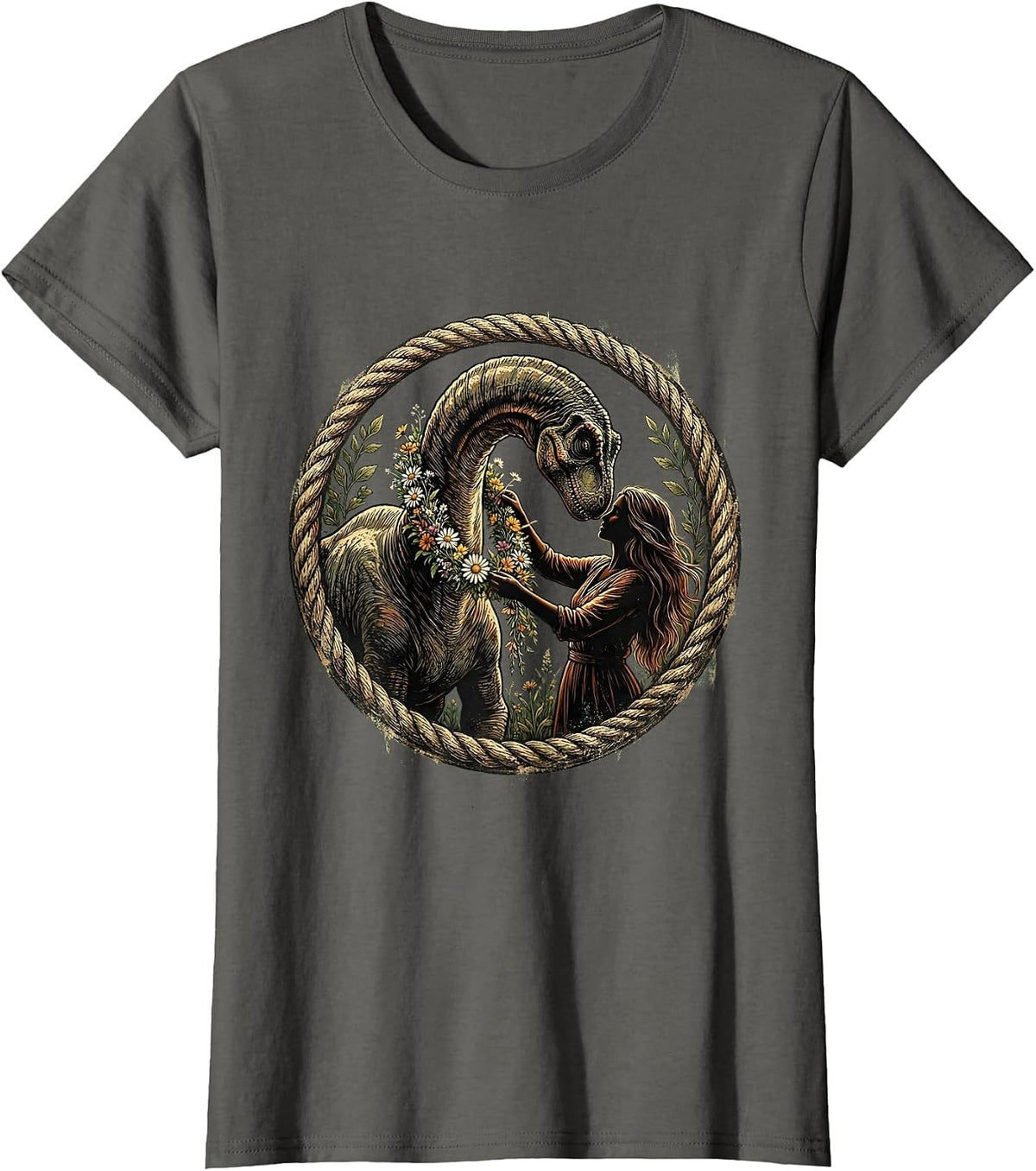 Women's Brachiosaurus Flower Braid Dinosaur Illustration T-Shirt - Asphalt Grey