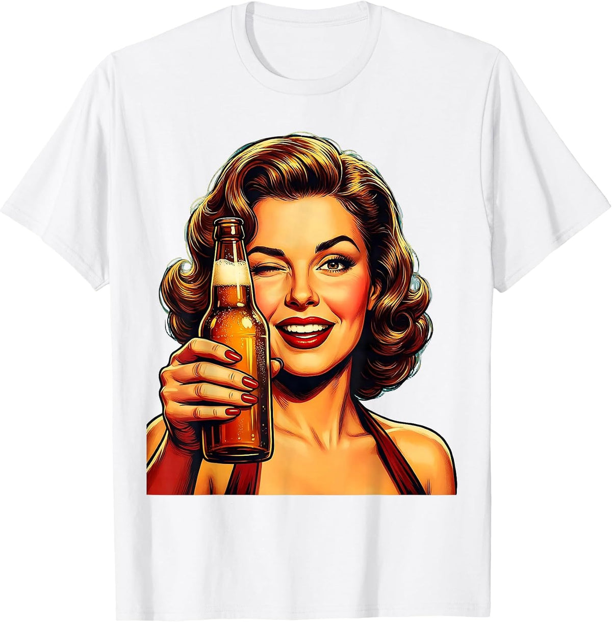 Men's Retro Winking Woman Beer Bottle Graphic T-Shirt - White