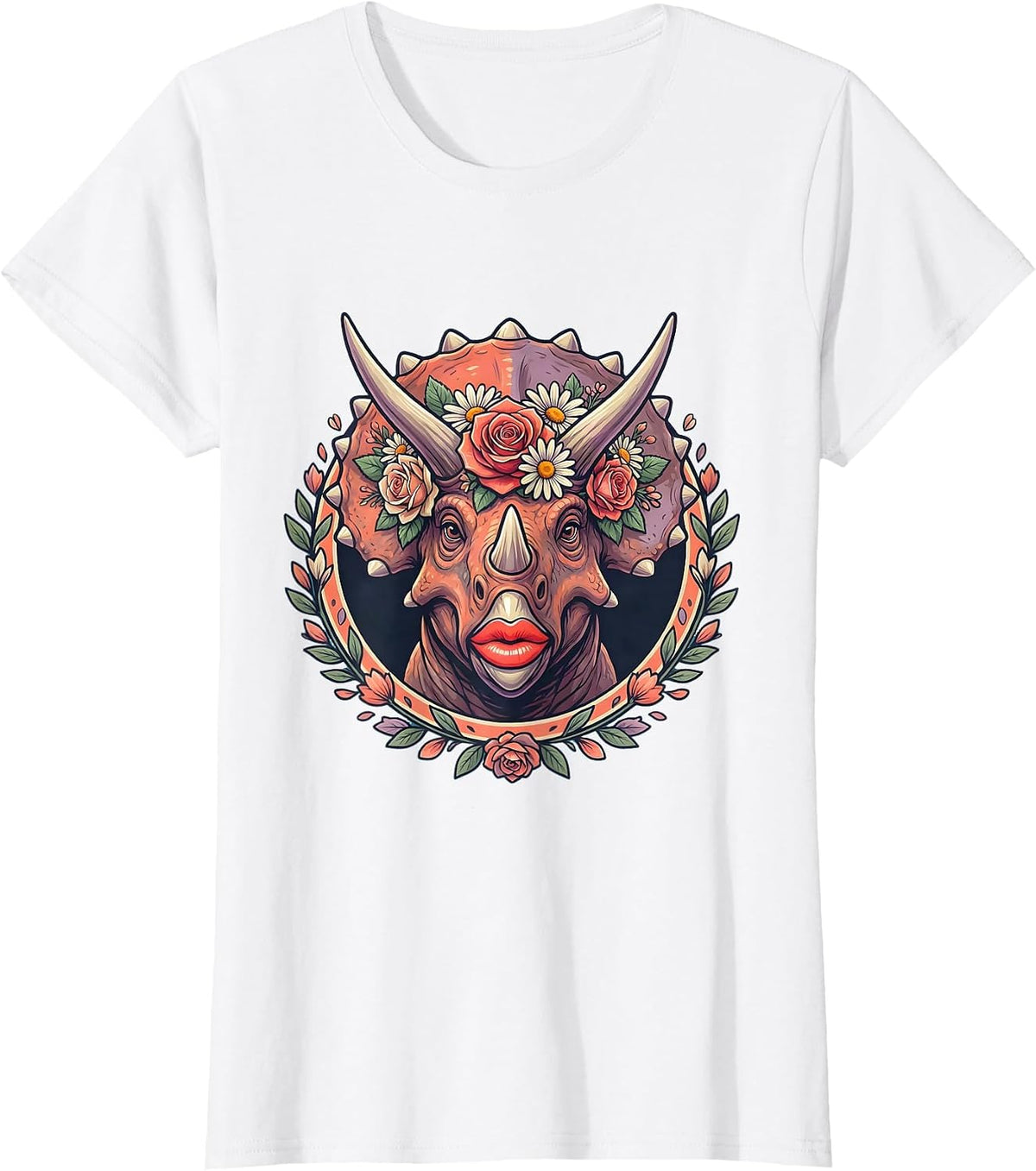 Floral Crown Triceratops Dinosaur Graphic Tee T-Shirt - White