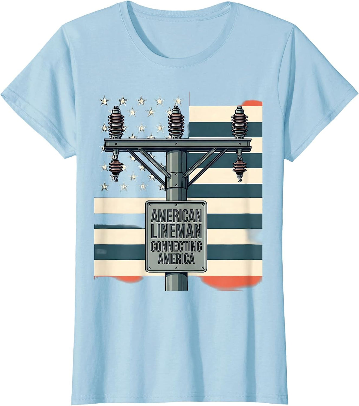 American Lineman Connecting America Flat Vector Patriotic T-Shirt - Baby Blue