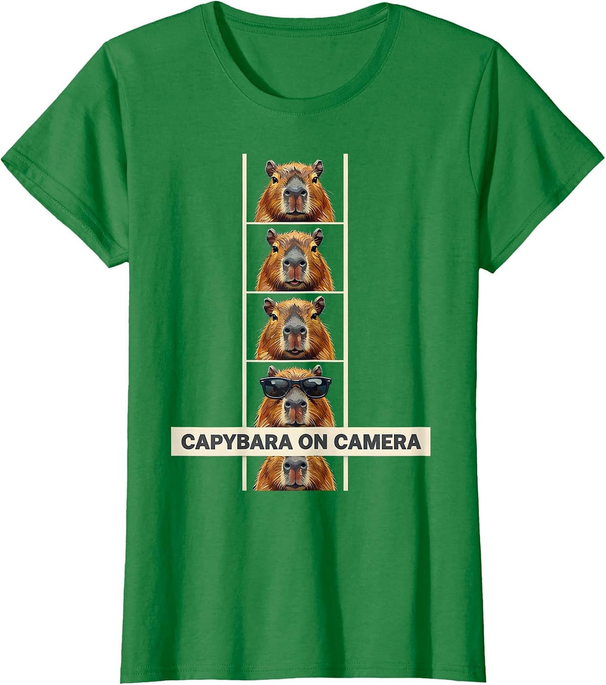 Women's Capybara On Camera Funny Animal Portrait Photobooth Humor T-Shirt - Kelly Green