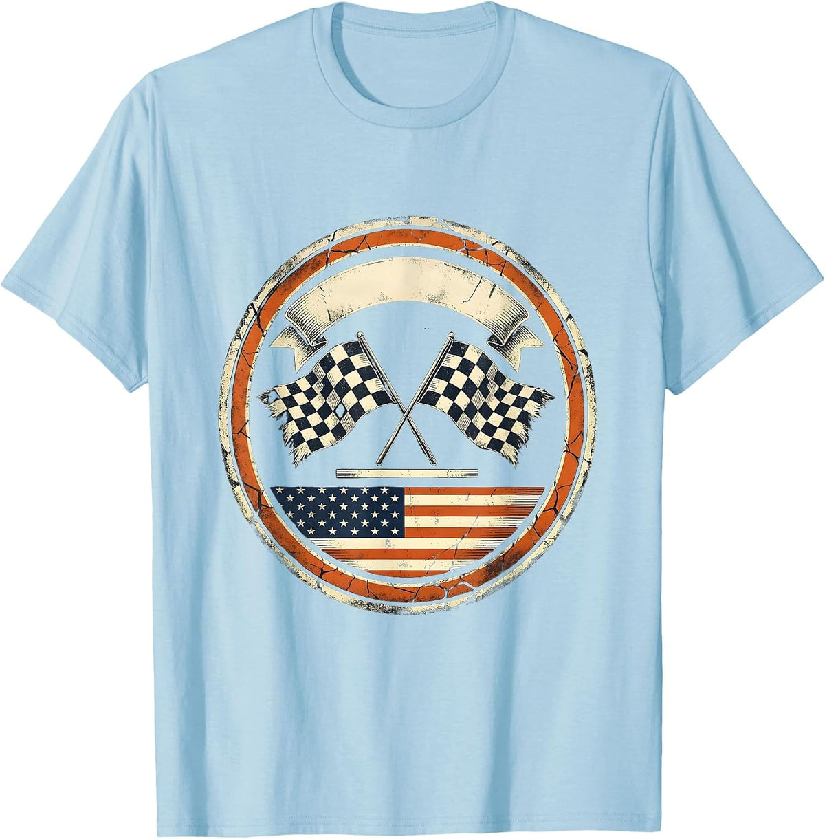 Men's Sealed Badge Distressed Racing Fan Checkered Flag T-Shirt - Baby Blue