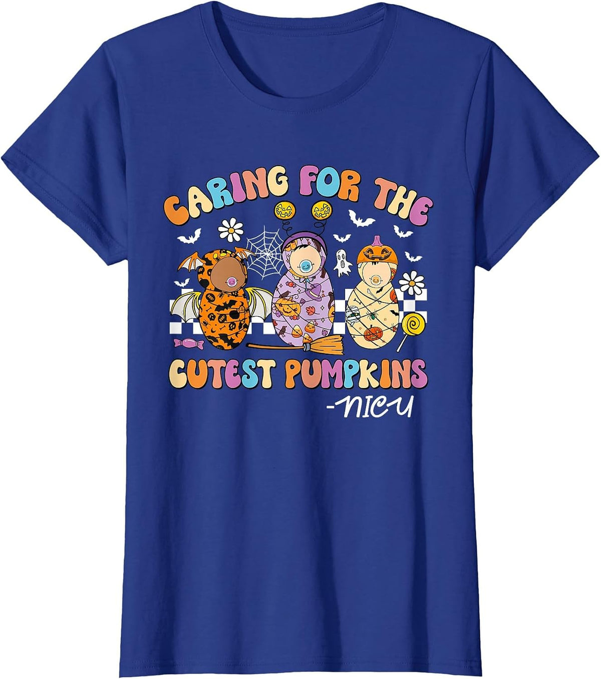 Retro Caring for The Cutest Pumpkins NiCU Nurse Halloween T-Shirt - Royal Blue