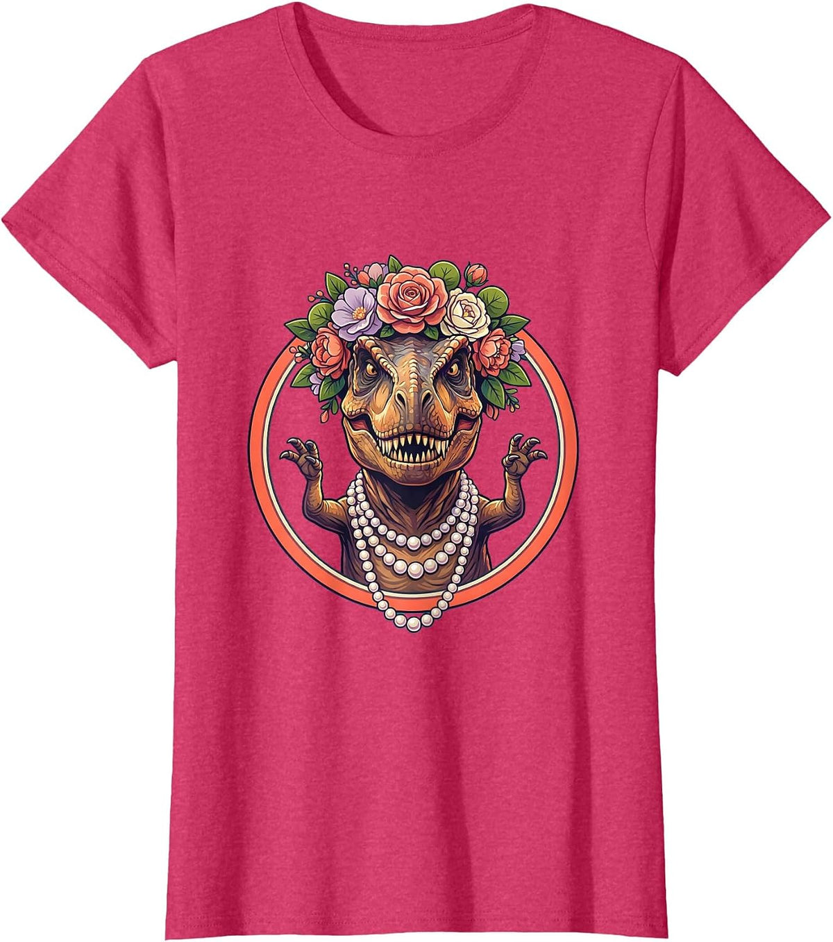 Women's Floral Crown T-Rex Dinosaur Illustration T-Shirt - Red Heather