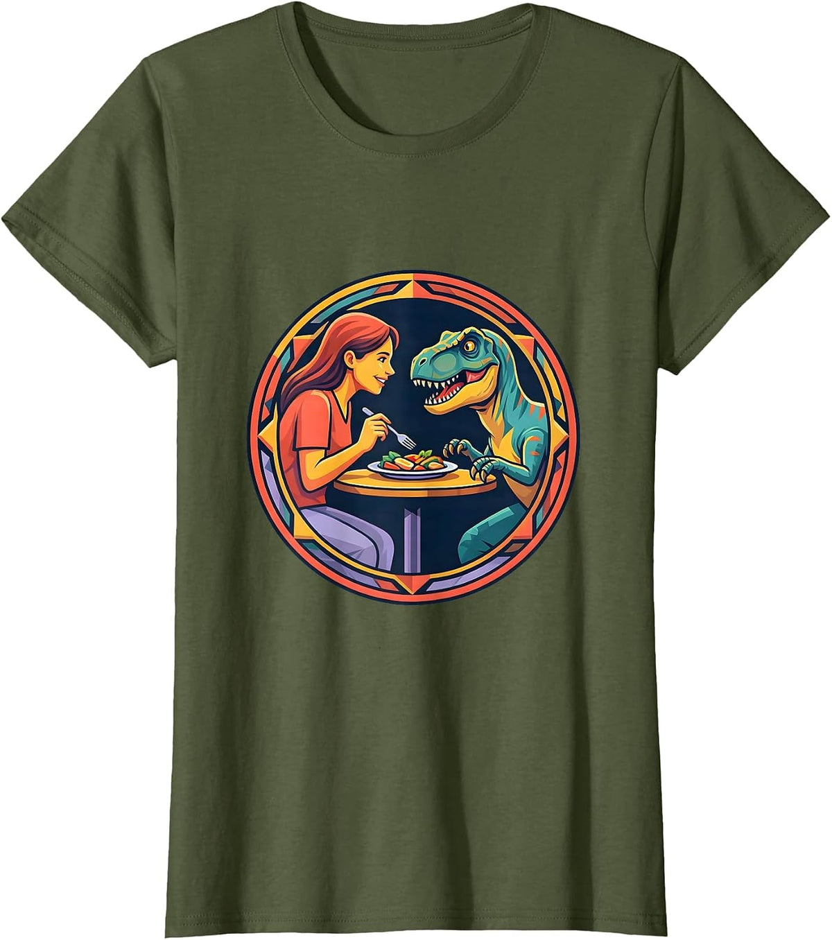 Women's Dinosaur Dining Velociraptor Meal Sharing Graphic T-Shirt - Olive Green