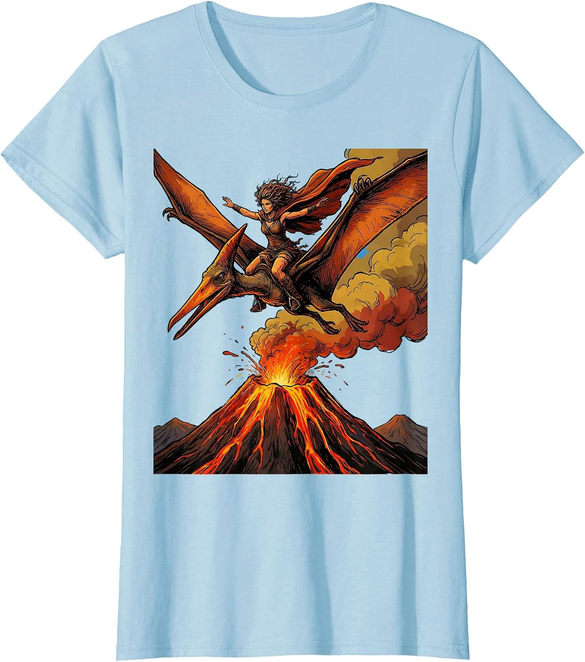 Women's Pterodactyl Soaring Above Volcano Dinosaur Tee T-Shirt - Baby Blue
