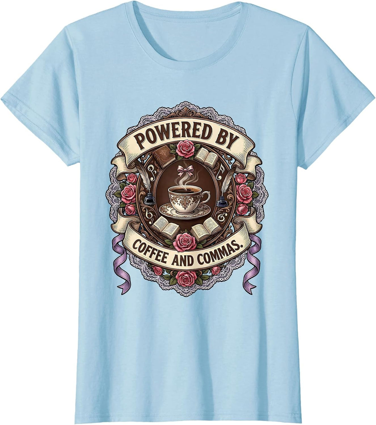 Women's Powered by Coffee and Commas English Teacher T-Shirt - Baby Blue