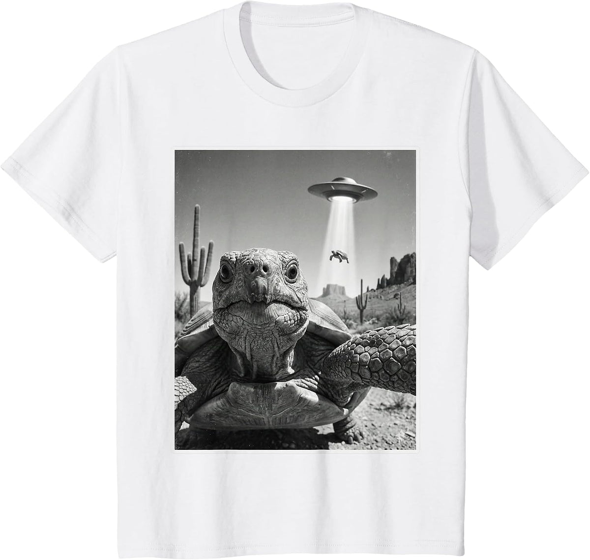 Tortoise Selfie with UFO, Funny Turtle, Funny Tortoise T-Shirt - White