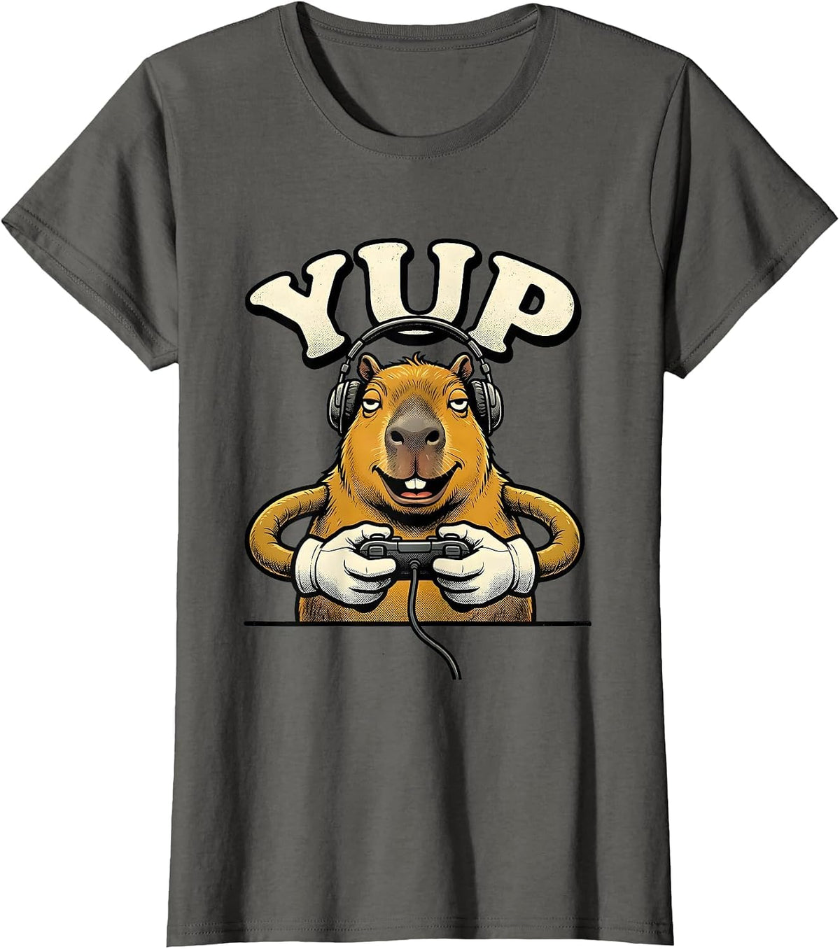 Women's Yup Retro Cartoon Capybara Gamer Meme Humor T-Shirt - Asphalt Grey