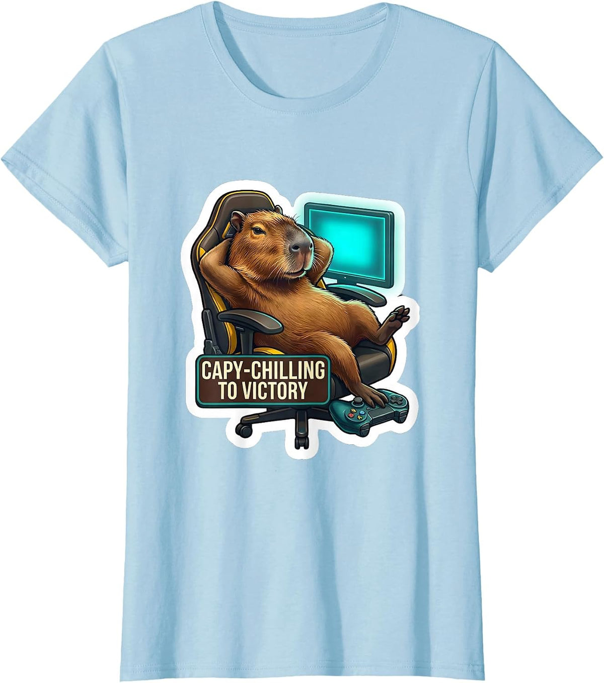 Women's Capy-Chilling To Victory Funny Capybara Gamer Humor T-Shirt - Baby Blue
