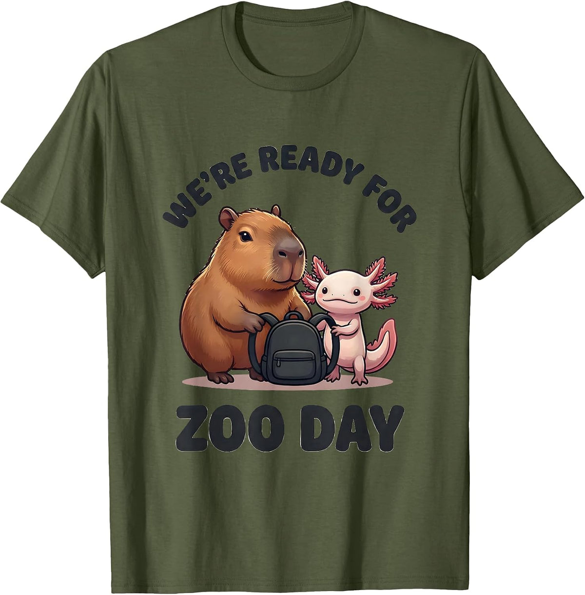 Men's We're Ready For Zoo Day Cute Capybara Axolotl Kawaii Animal T-Shirt - Olive Green
