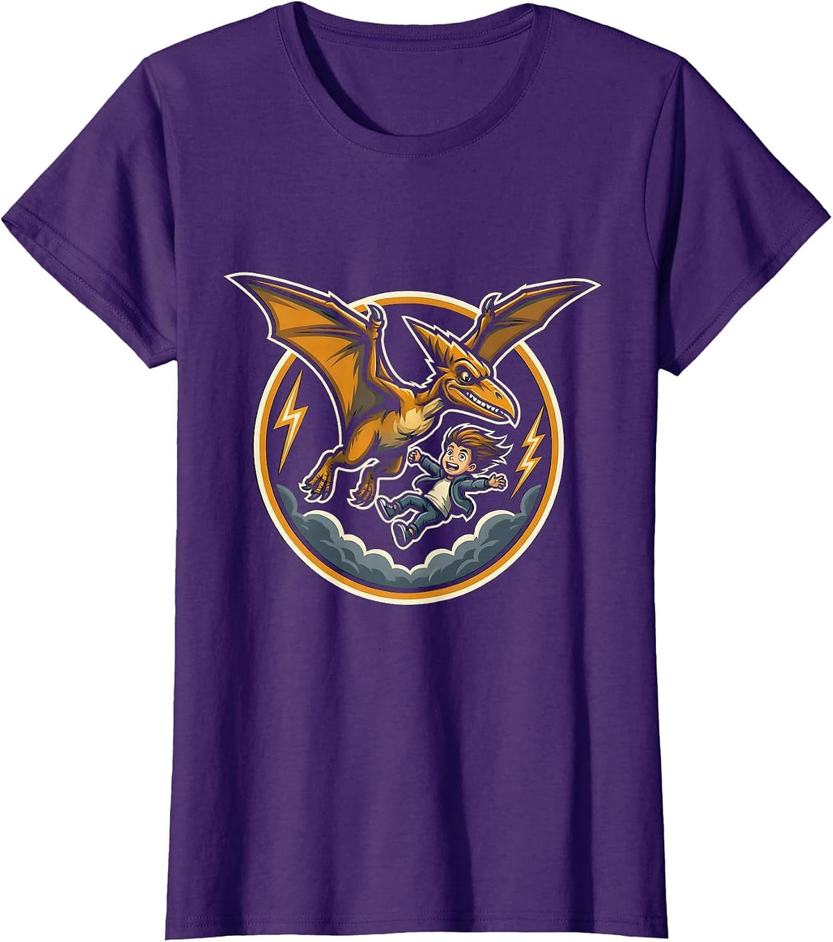 Women's Pterodactyl Adventure Boy Stormy Sky Dinosaur T-Shirt - Purple