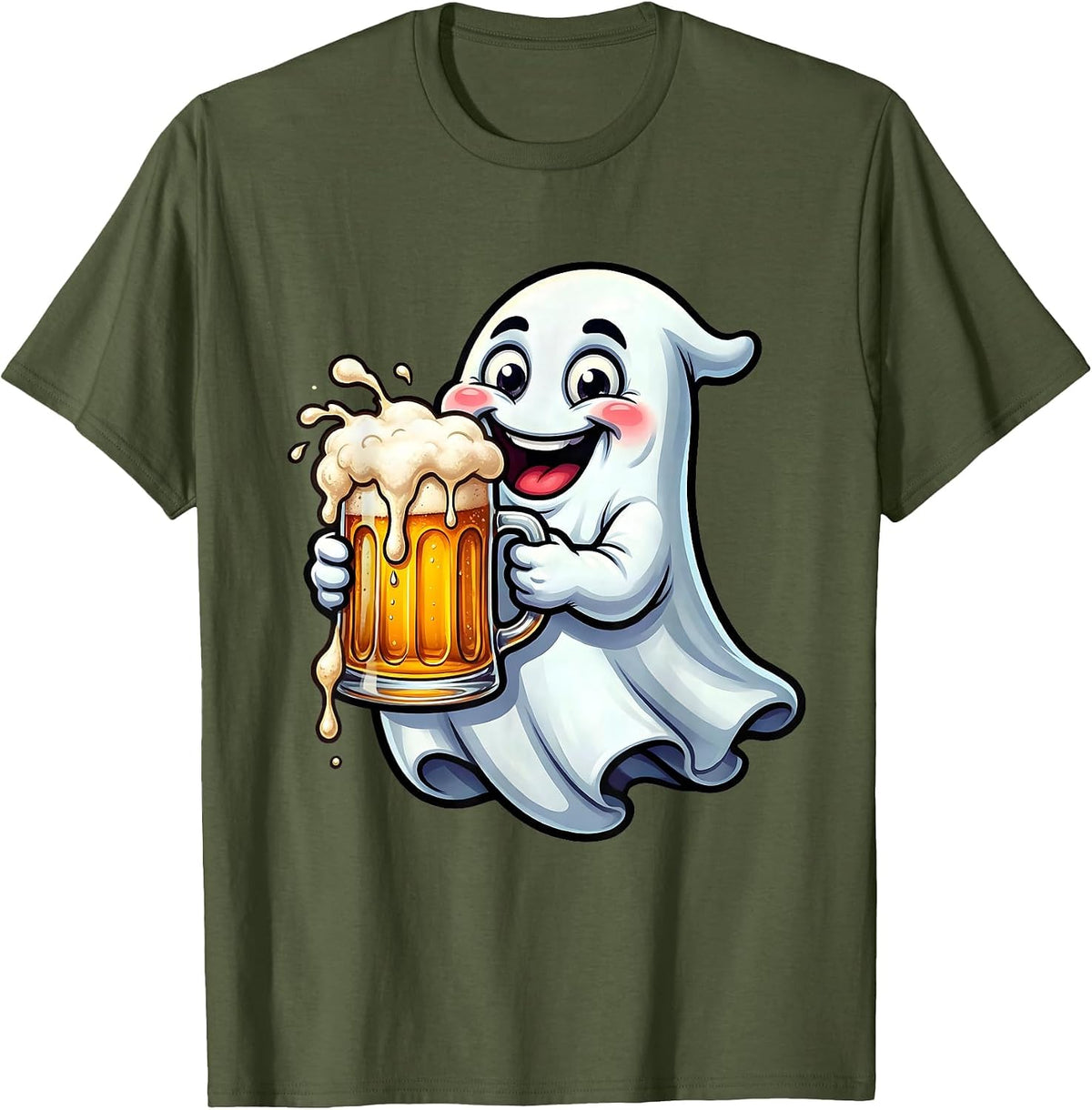 Men's Friendly Ghost Overflowing Beer Mug Illustration T-Shirt - Olive Green