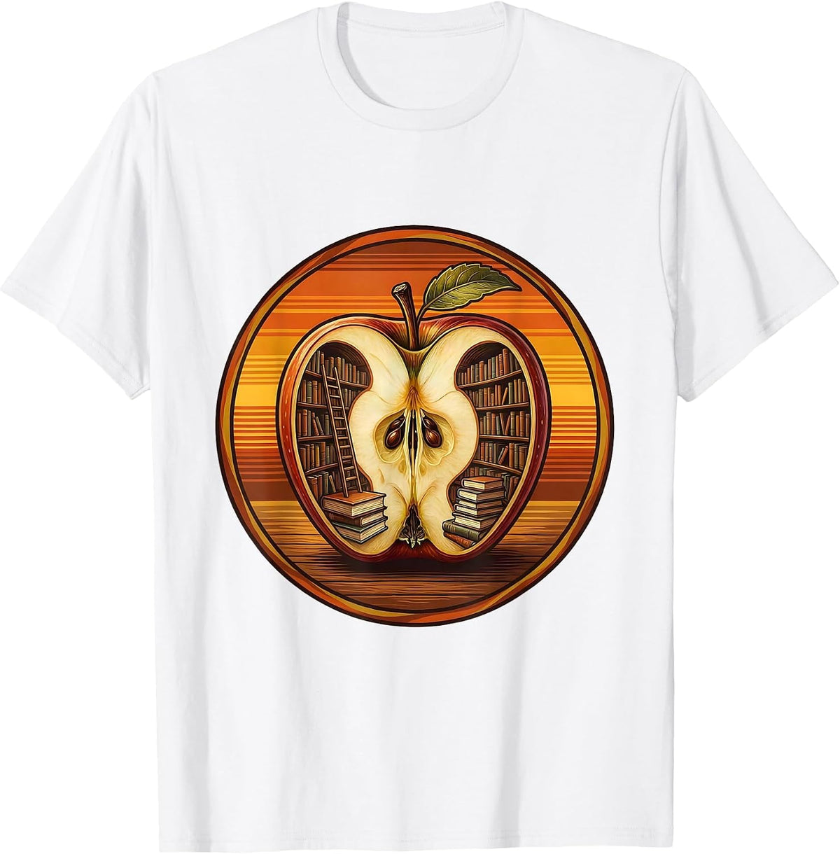 English Teacher Apple Bookshelf Illustration T-Shirt - White
