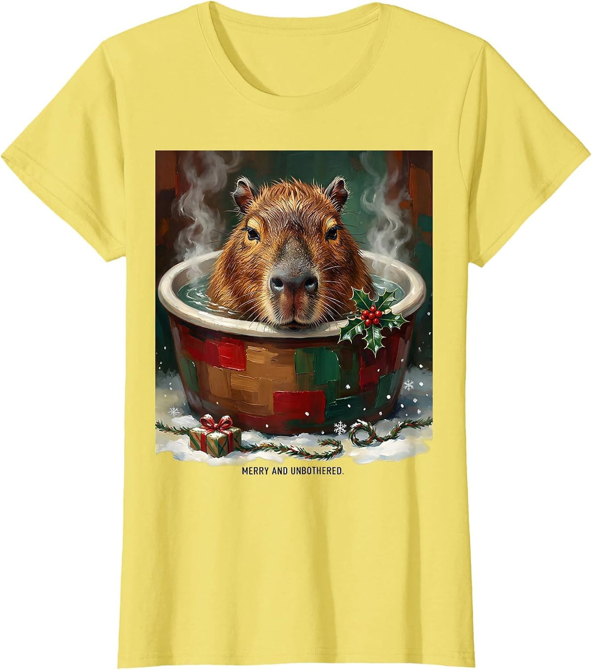 Merry And Unbothered Cute Christmas Capybara Animal Lover T-Shirt - Lemon Yellow