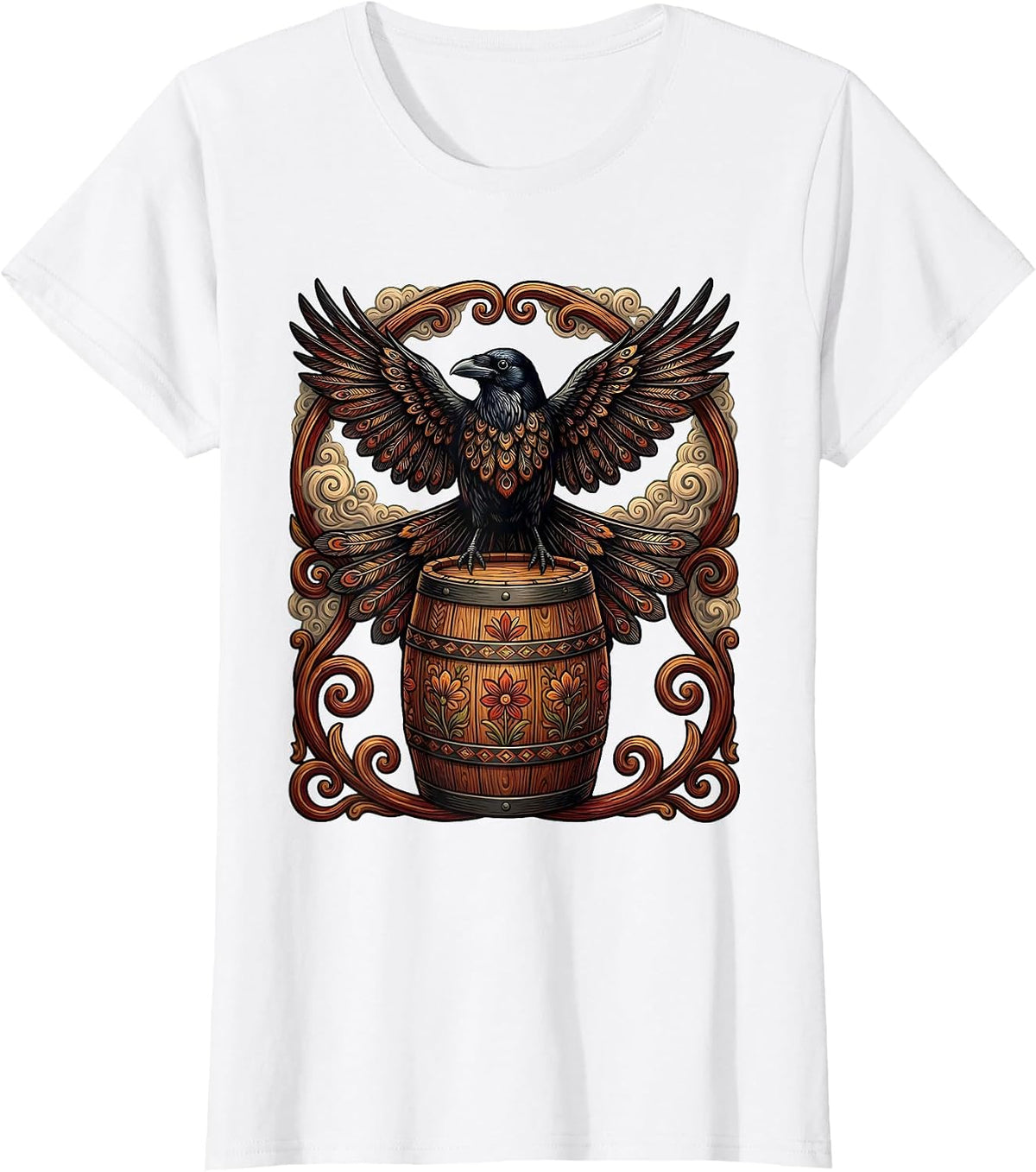 Crow on a Keg Foggy Night Beer Art T-Shirt - White