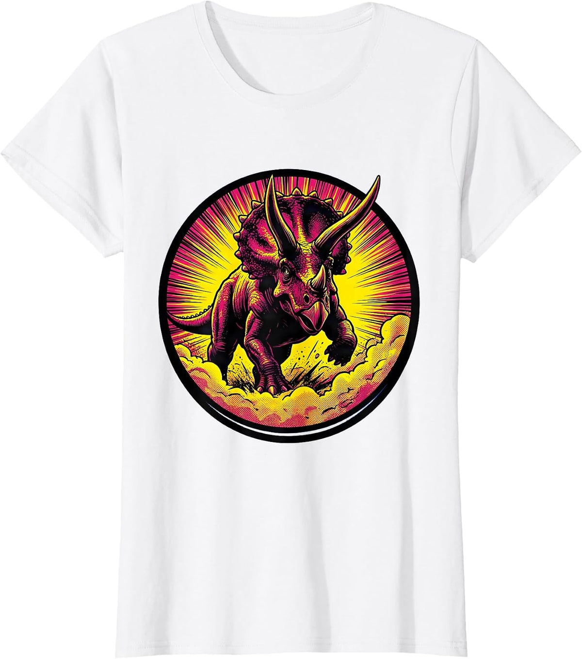 Women's Triceratops Charging Dinosaur Dust Cloud Illustration T-Shirt - White