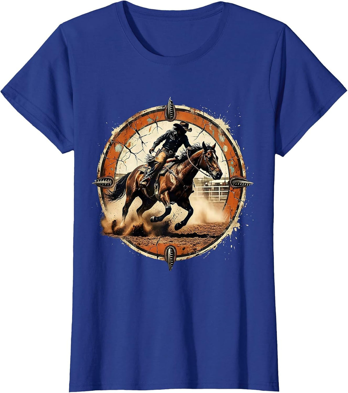 Women's Rodeo Cowgirl Barrel Racing Painted Horse Graphic T-Shirt - Royal Blue