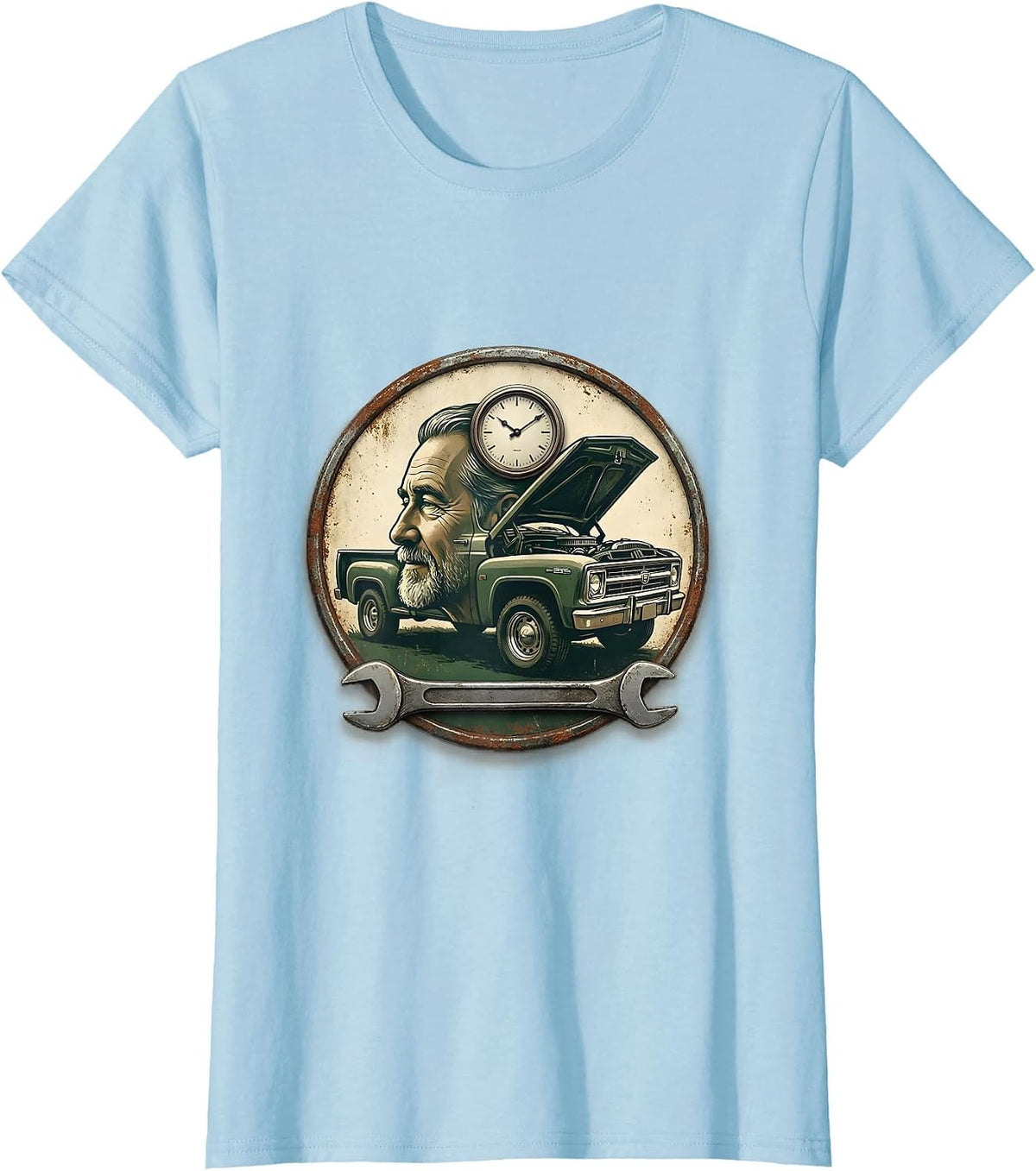 Women's Sealed Classic Car Badge Vintage Old Guy Mechanic Humor T-Shirt - Baby Blue