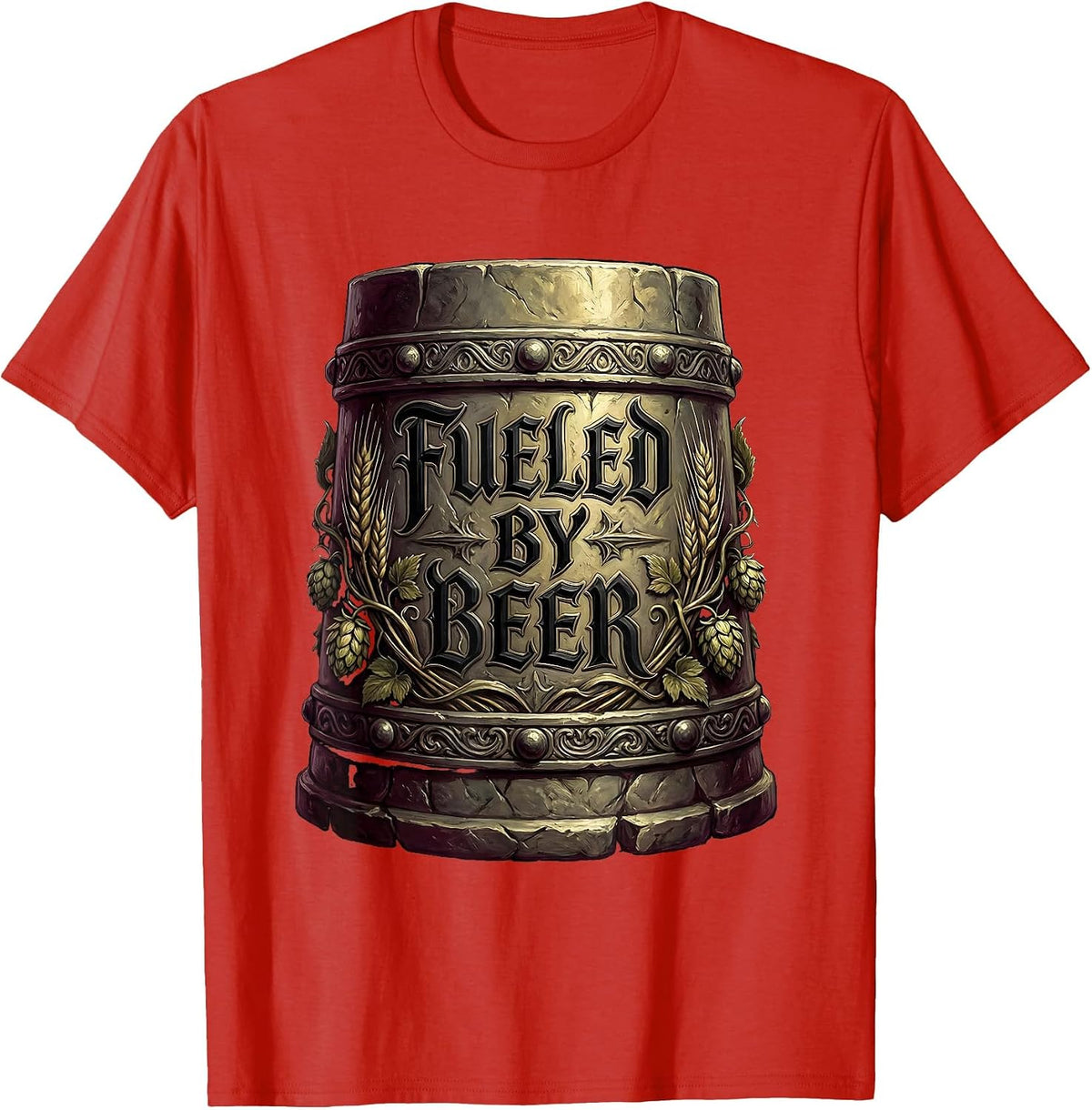 Men's Fueled by Beer Funny Drinking Design T-Shirt - Red