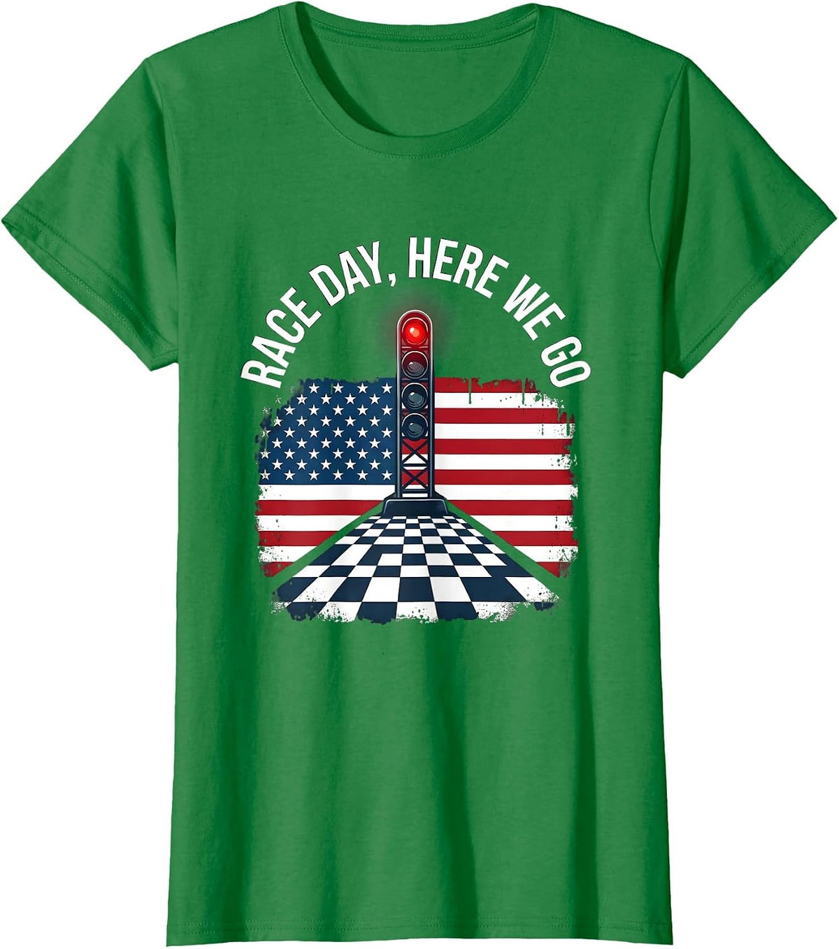 Women's Race Day Here We Go Patriotic Checkered Flag Drag Racing Fan T-Shirt - Kelly Green