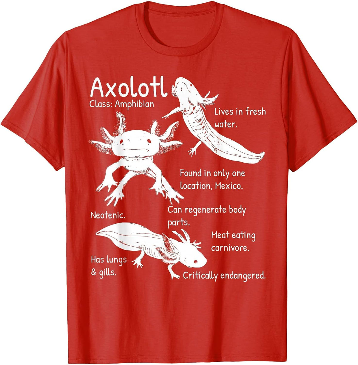 Axolotl Facts Species Types Endangered Animals Illustration T-Shirt - Red