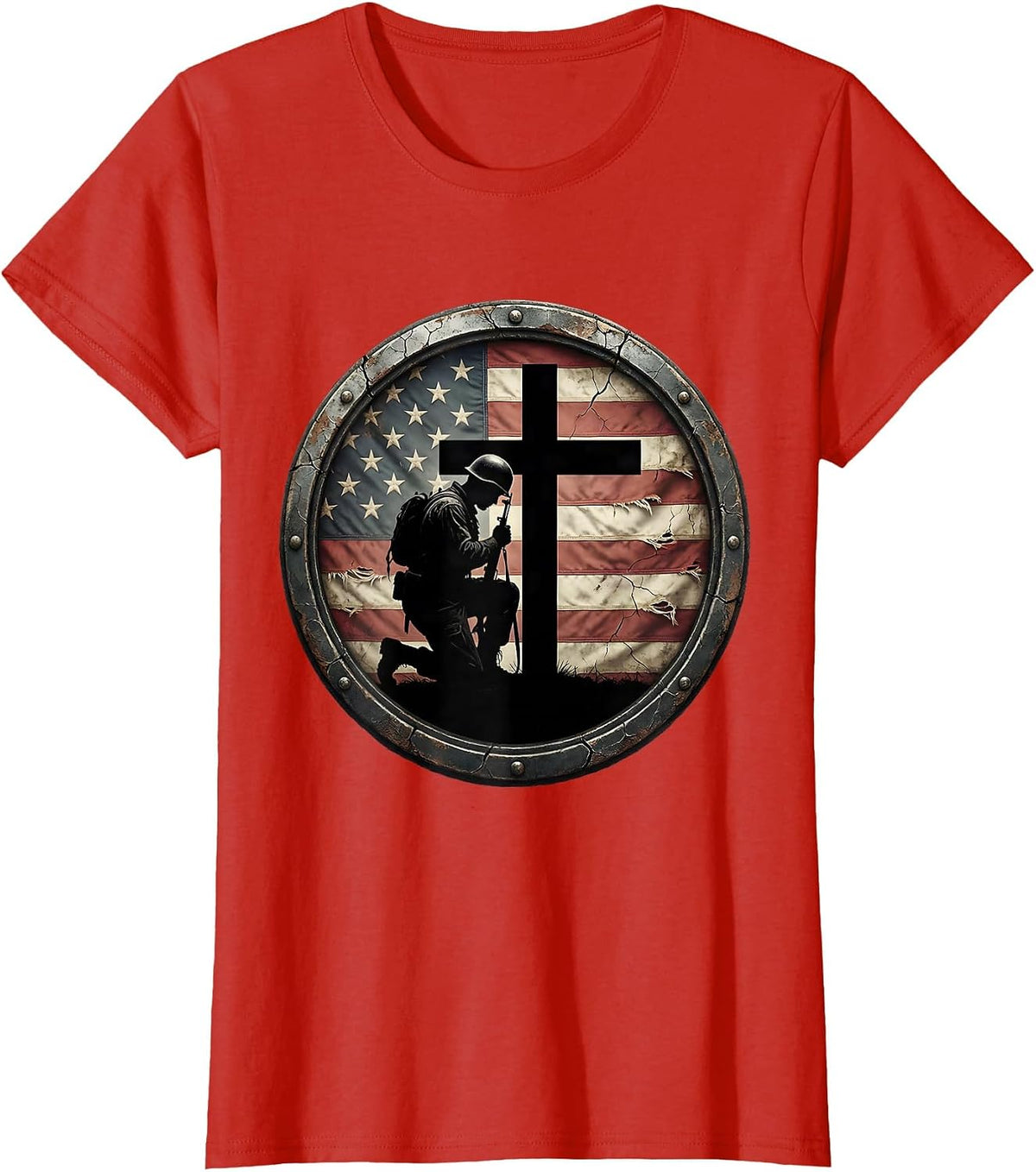 Soldier Bowing at Cross Memorial Patriotic Design T-Shirt - Red