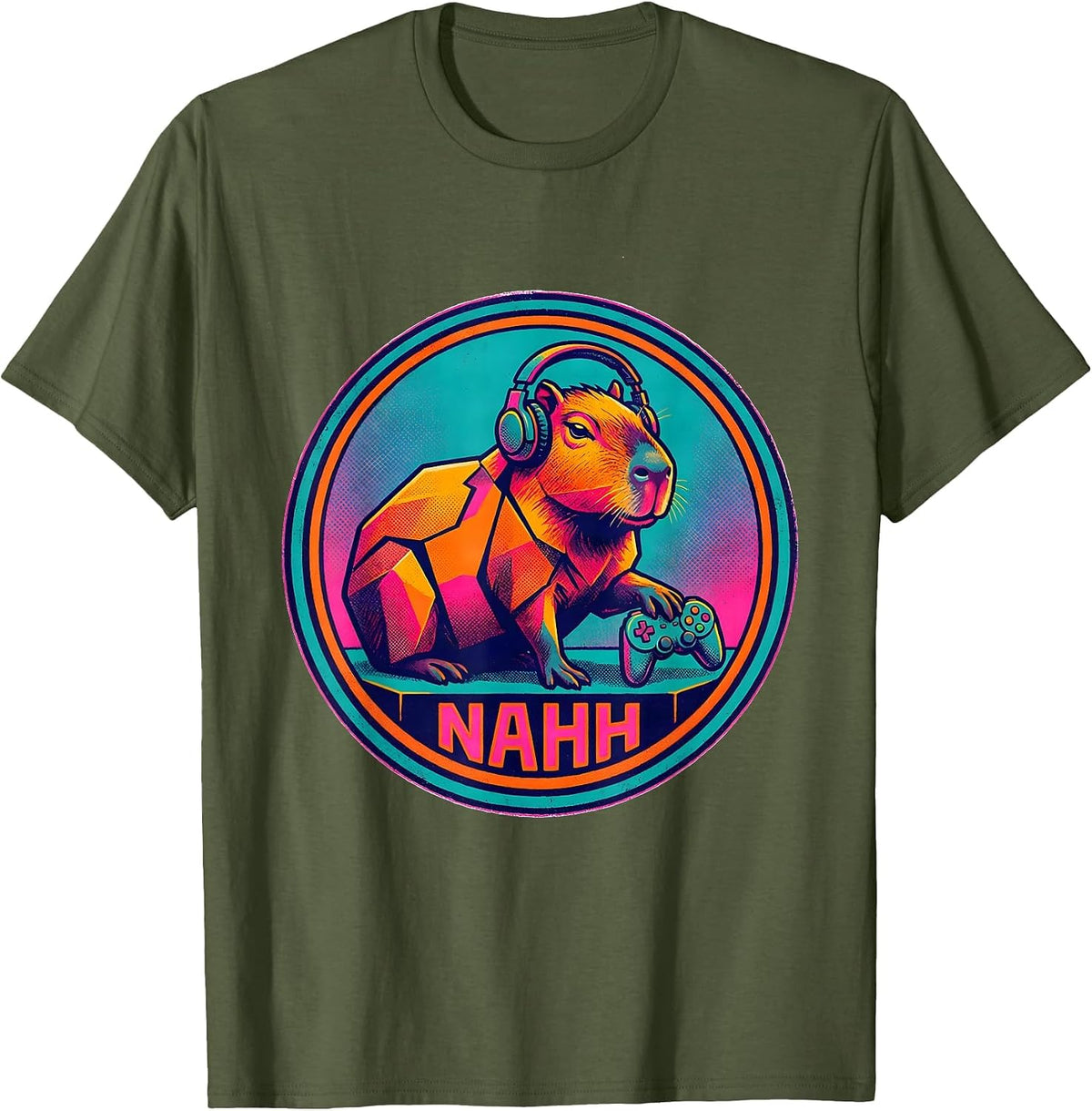 Men's Nahh Risograph Capybara Gamer Meme Humor Funny Video Games T-Shirt - Olive Green