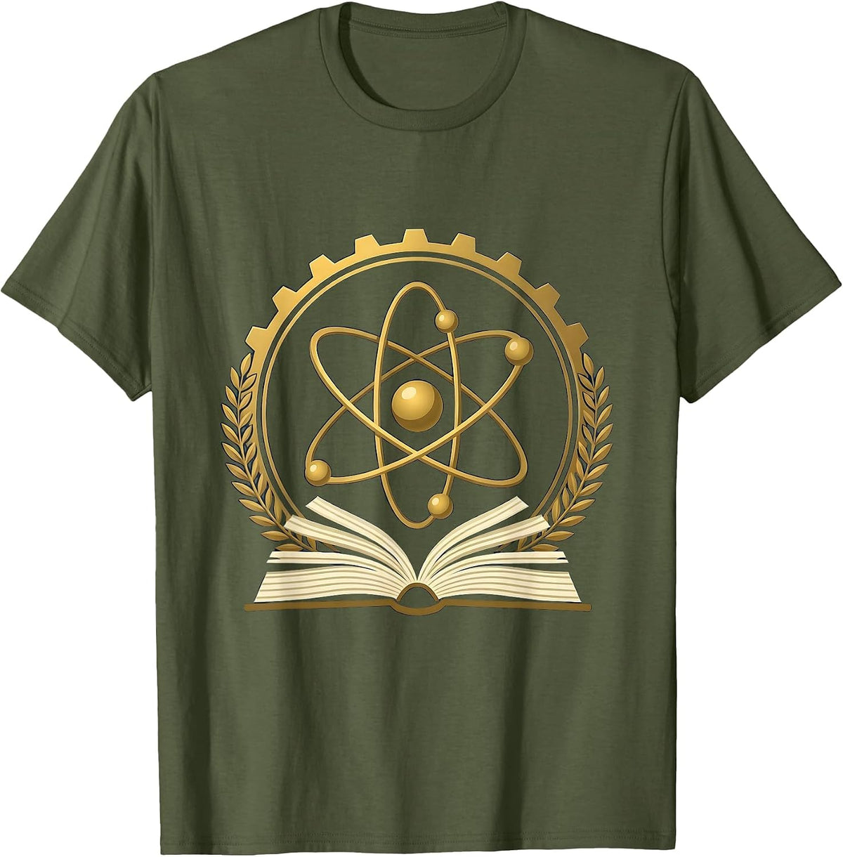 Men's Science Teacher Atom Model Over Textbook Graphic T-Shirt - Olive Green