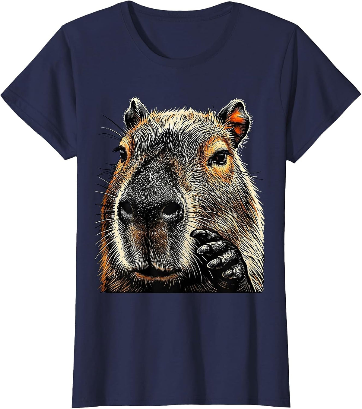 Women's Capybara Linocut Funny Animal Meme Gamer Humor T-Shirt - Navy Blue