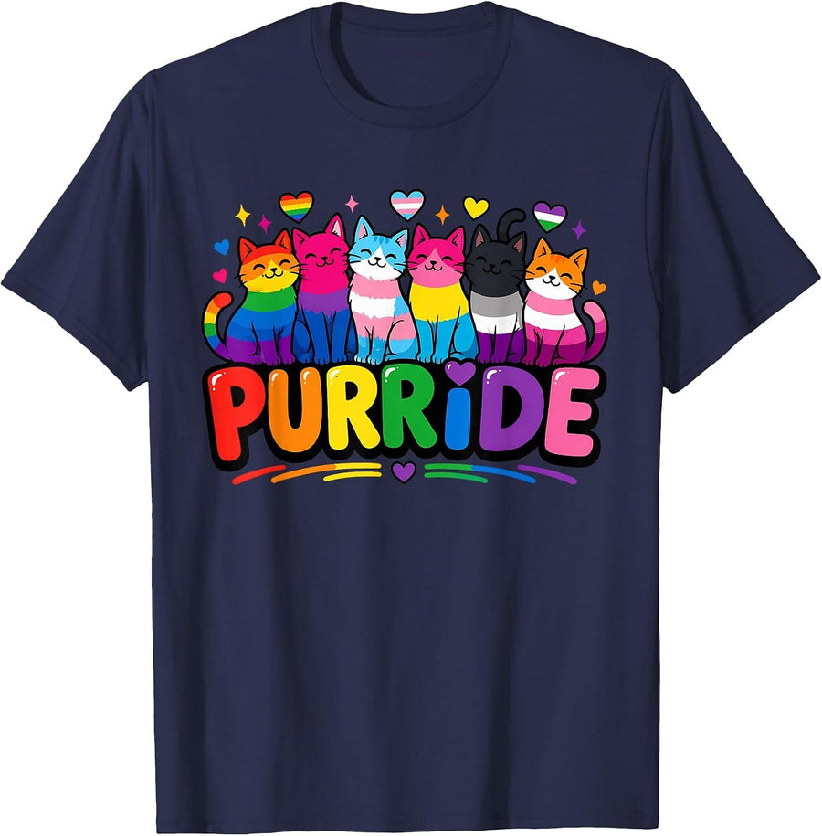 Funny Gay Pride Purride Cat LGBTQ Ally Rainbow Pride Month T-Shirt - Navy Blue