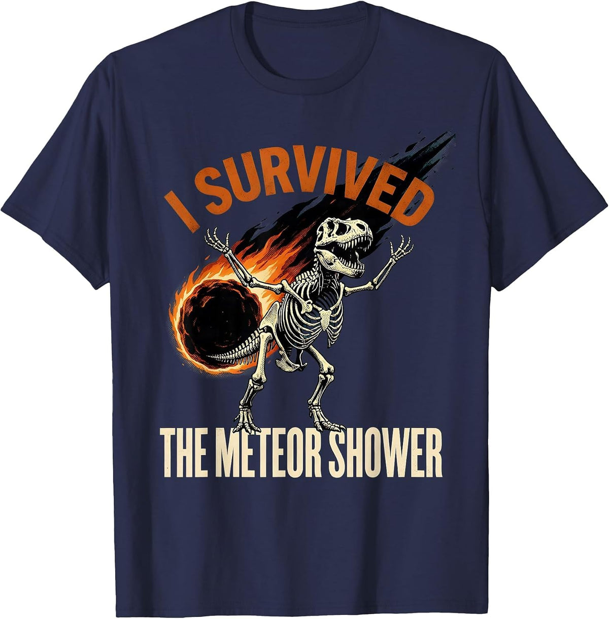 I Survived The Meteor Shower Dinosaur Design T-Shirt - Navy Blue