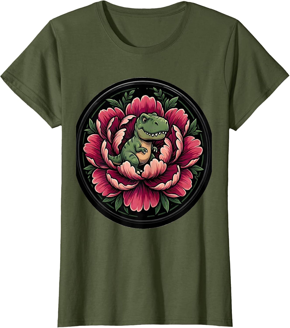 Women's Dinosaur Silhouette Blooming Peony Floral Design T-Shirt - Olive Green
