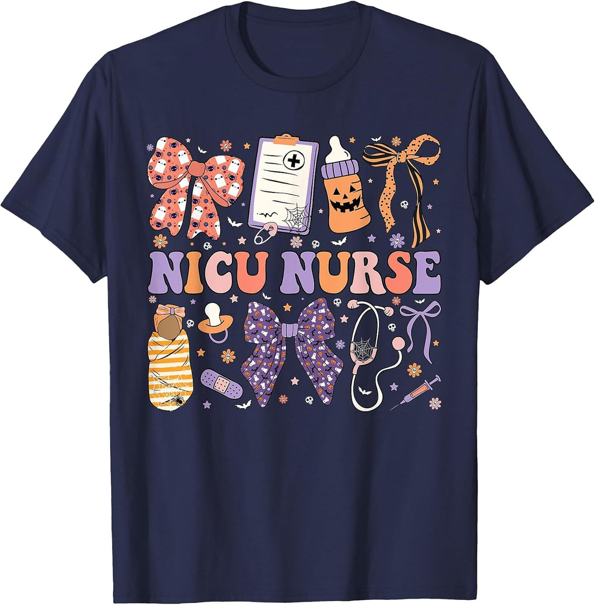 Neonatal Intensive Care Unit Coquette NICU Nurse Halloween T-Shirt - Navy Blue