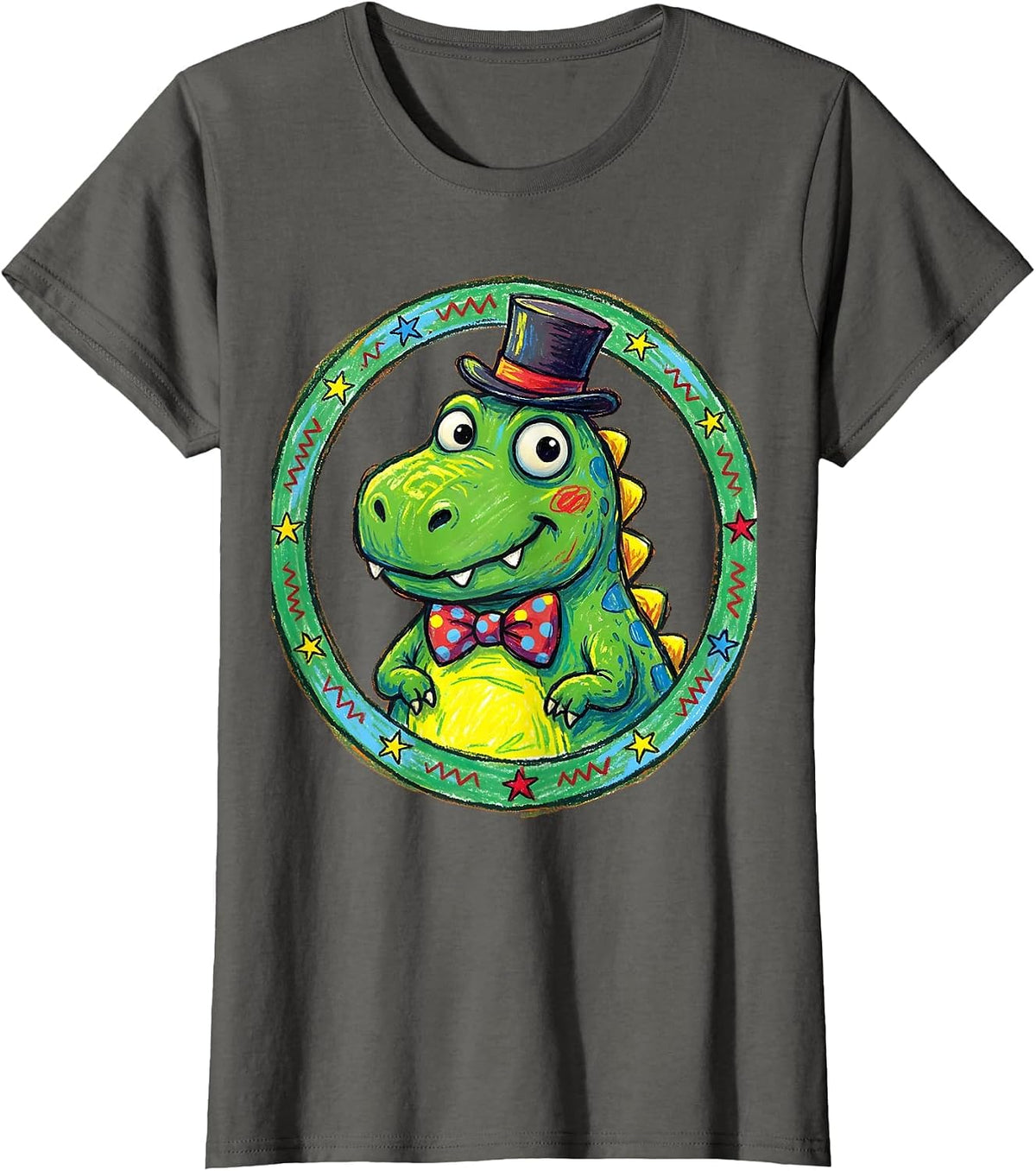 Women's Derpy Dinosaur Tiny Hat and Bowtie Illustration T-Shirt - Asphalt Grey
