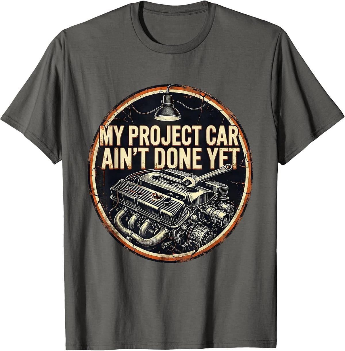 Men's My Project Car Ain't Done Yet Distressed Vintage Muscle Car T-Shirt - Asphalt Grey