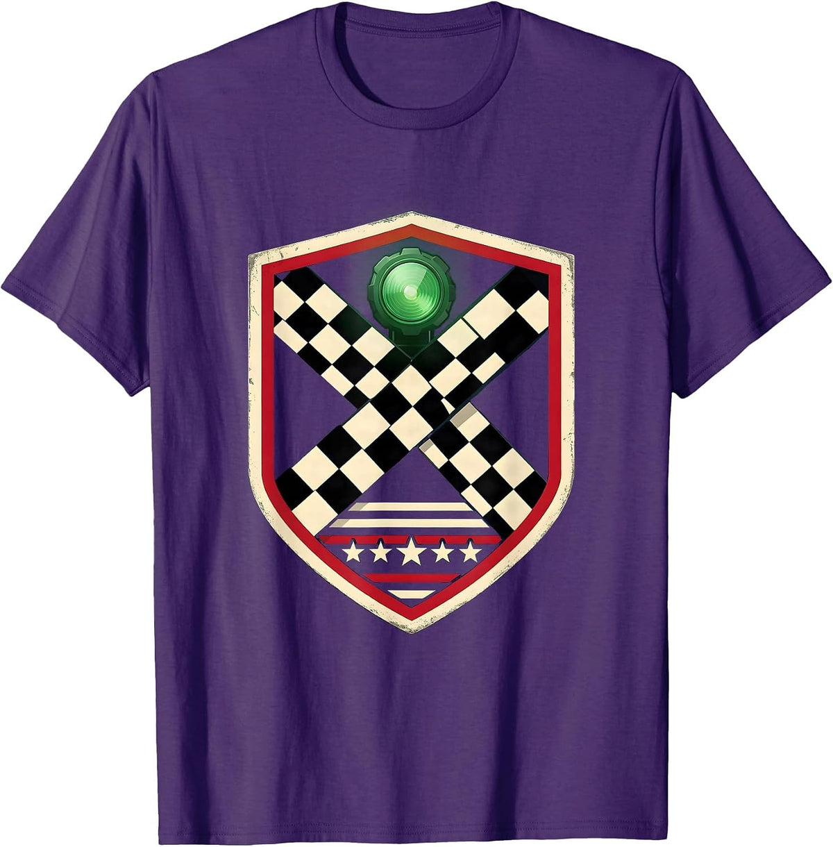 Sealed Shield Badge Racing Fan American Flag Checkered Flag T-Shirt - Purple