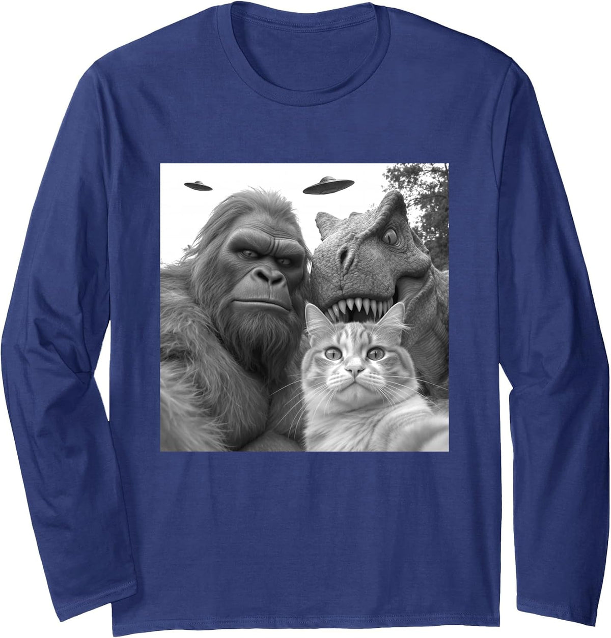 Funny Cat Selfie with Bigfoot Dinosaur UFO for Men Women Long Sleeve T-Shirt - Adult Unisex Navy Blue