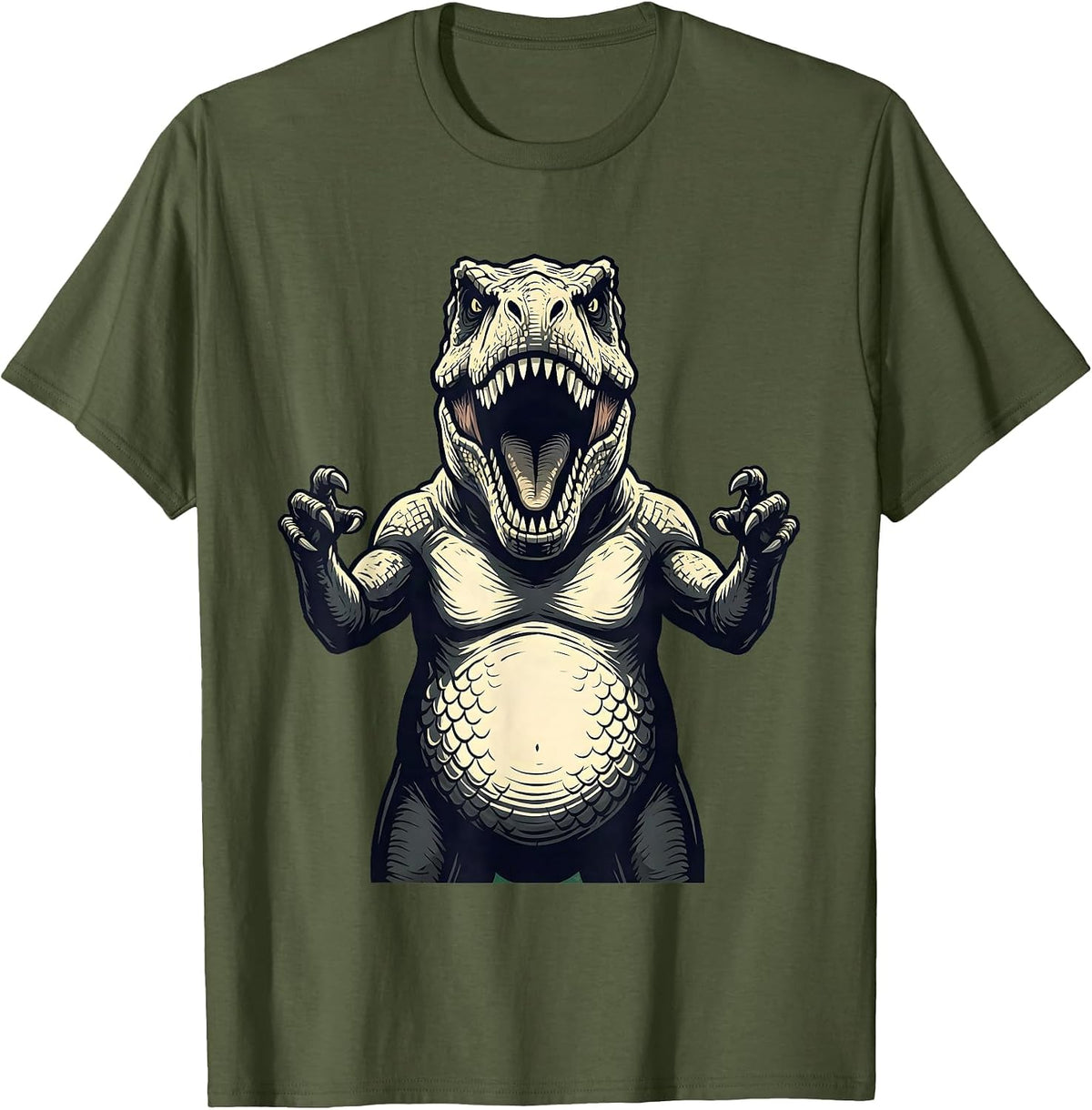 Men's Family Dinosaurs Roaring Together Illustration T-Shirt - Olive Green