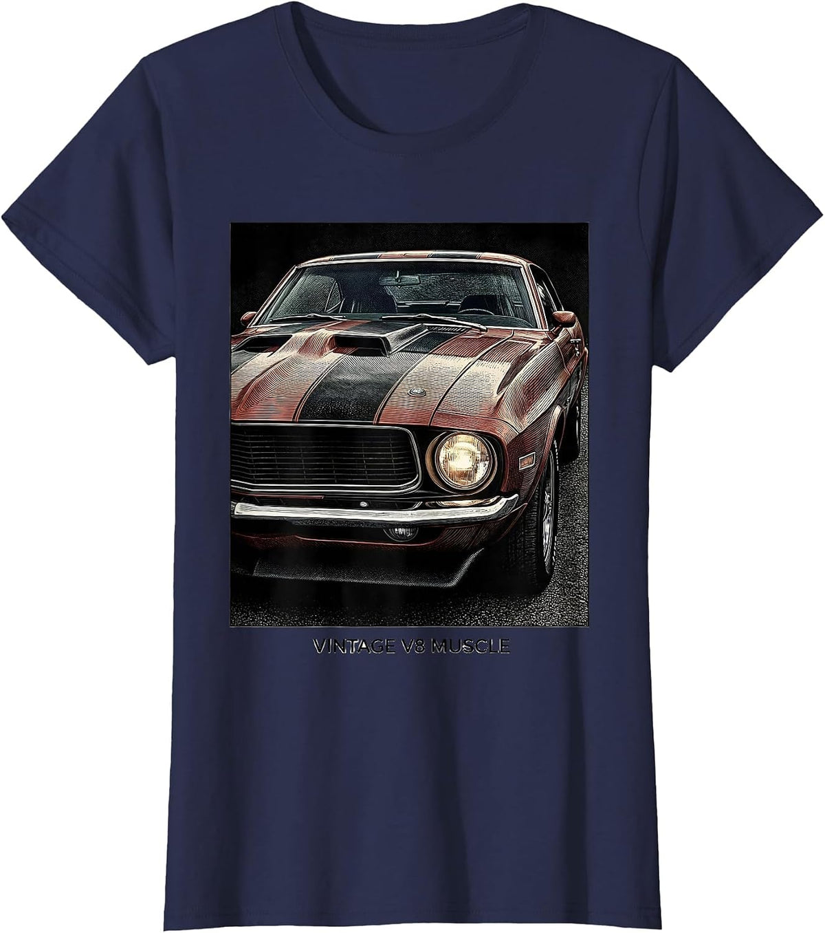 Women's Vintage V8 Muscle Classic Muscle Car Patriotic Enthusiast T-Shirt - Navy Blue