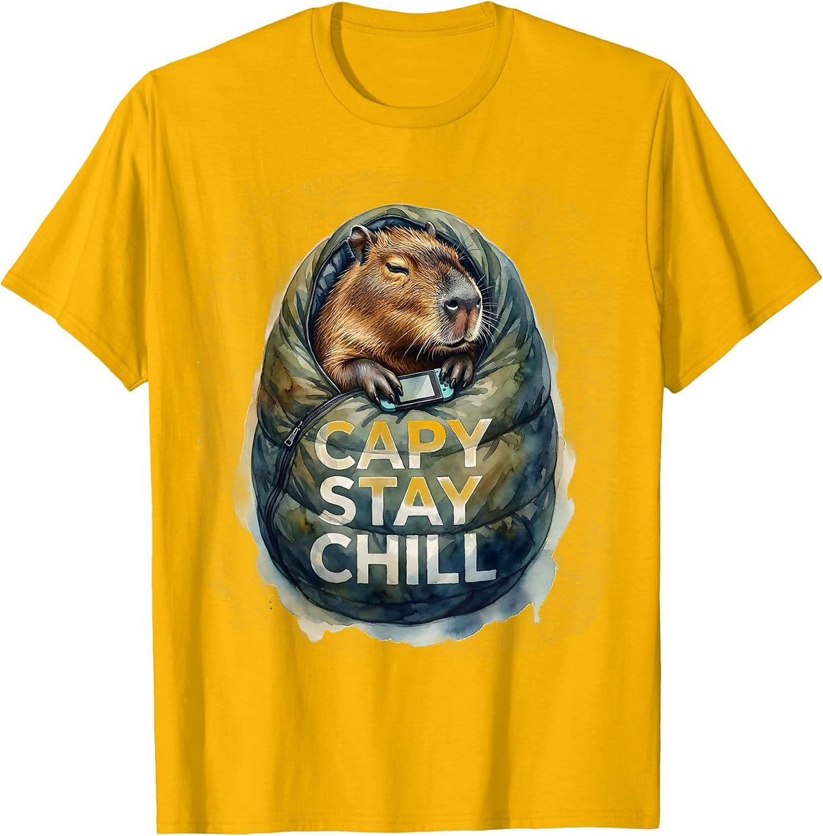 capy stay chill Watercolor Funny Capybara Gamer Gift T-Shirt - Golden Yellow