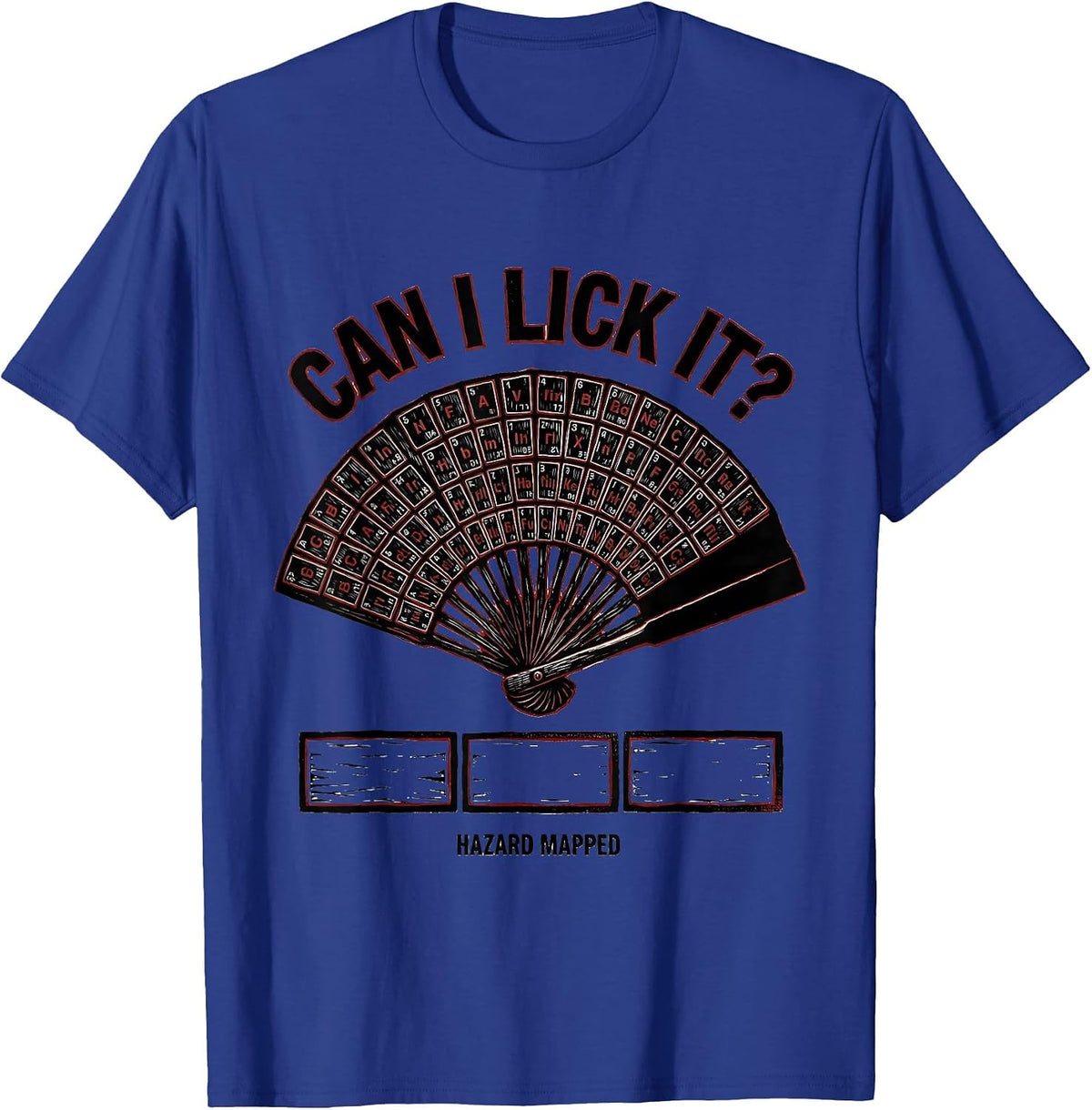Men's Can I Lick It Hazard Mapped Funny Periodic Table Science T-Shirt - Royal Blue