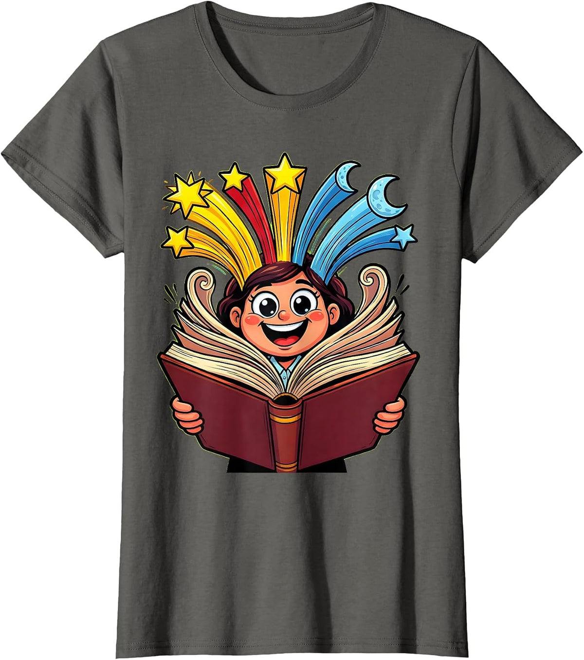 Women's Preschool Teacher Storytime Giant Storybook Illustration T-Shirt - Asphalt Grey