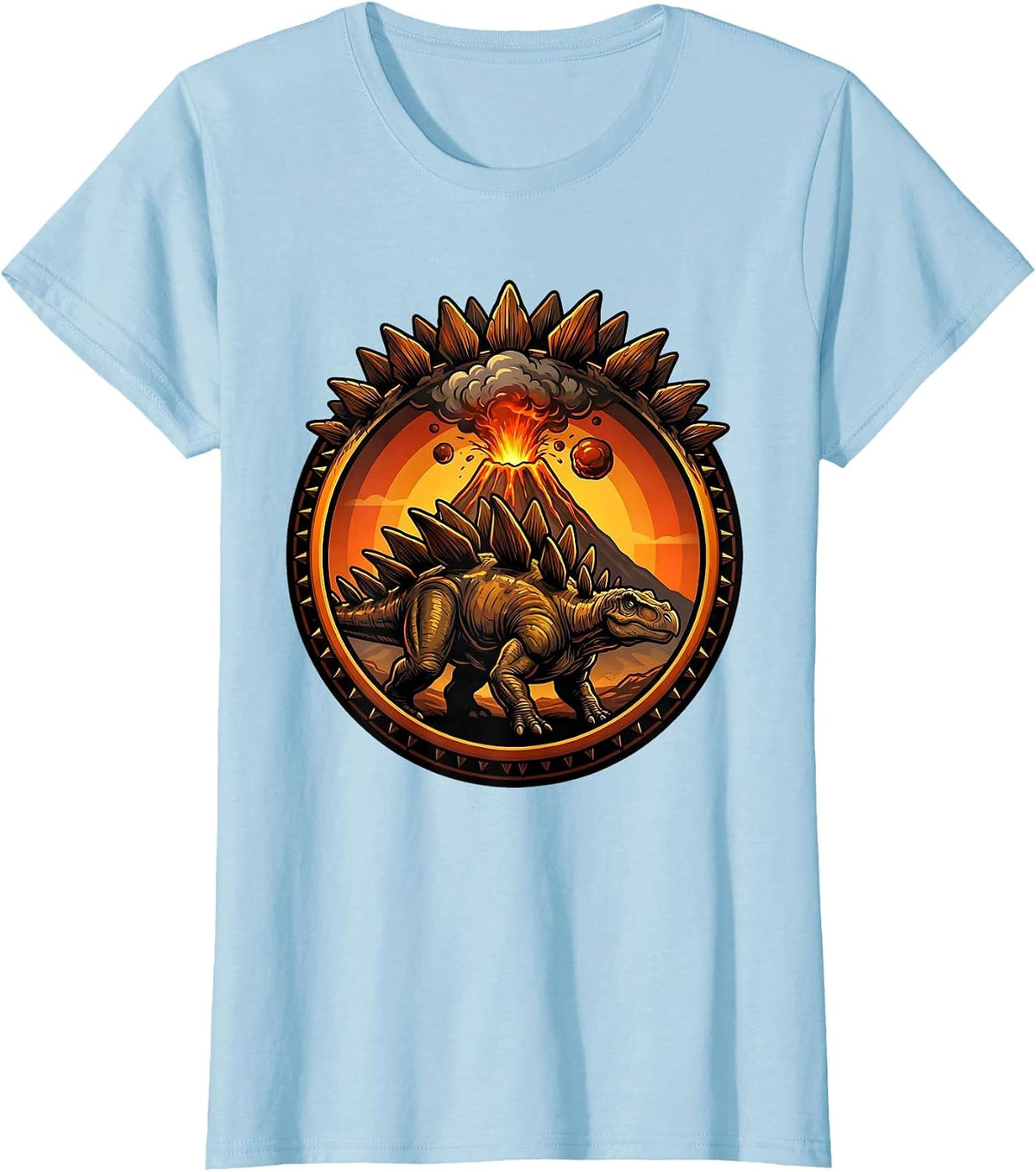 Stegosaurus Silhouette Volcano Sunset Dinosaur T-Shirt - Baby Blue
