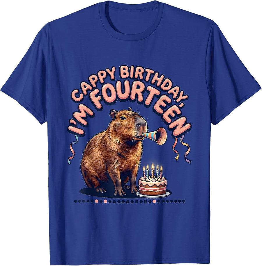 Cappy Birthday I'm Fourteen Kawaii Capybara Girl Kids Party T-Shirt - Royal Blue