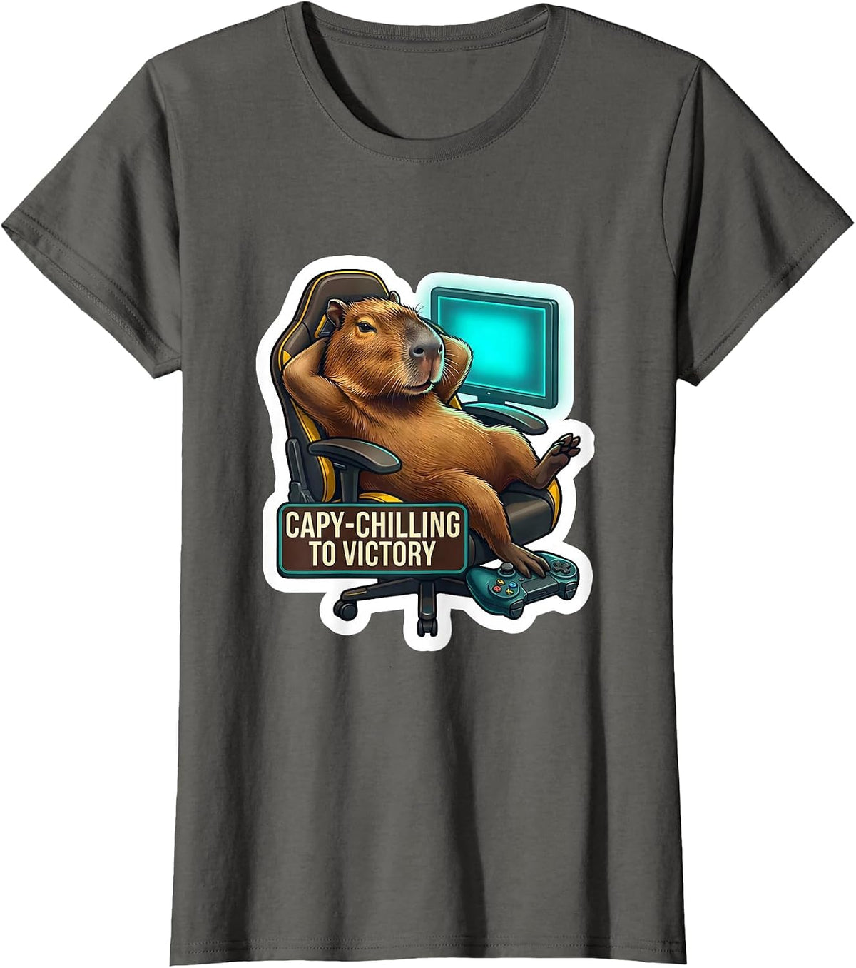 Women's Capy-Chilling To Victory Funny Capybara Gamer Humor T-Shirt - Asphalt Grey