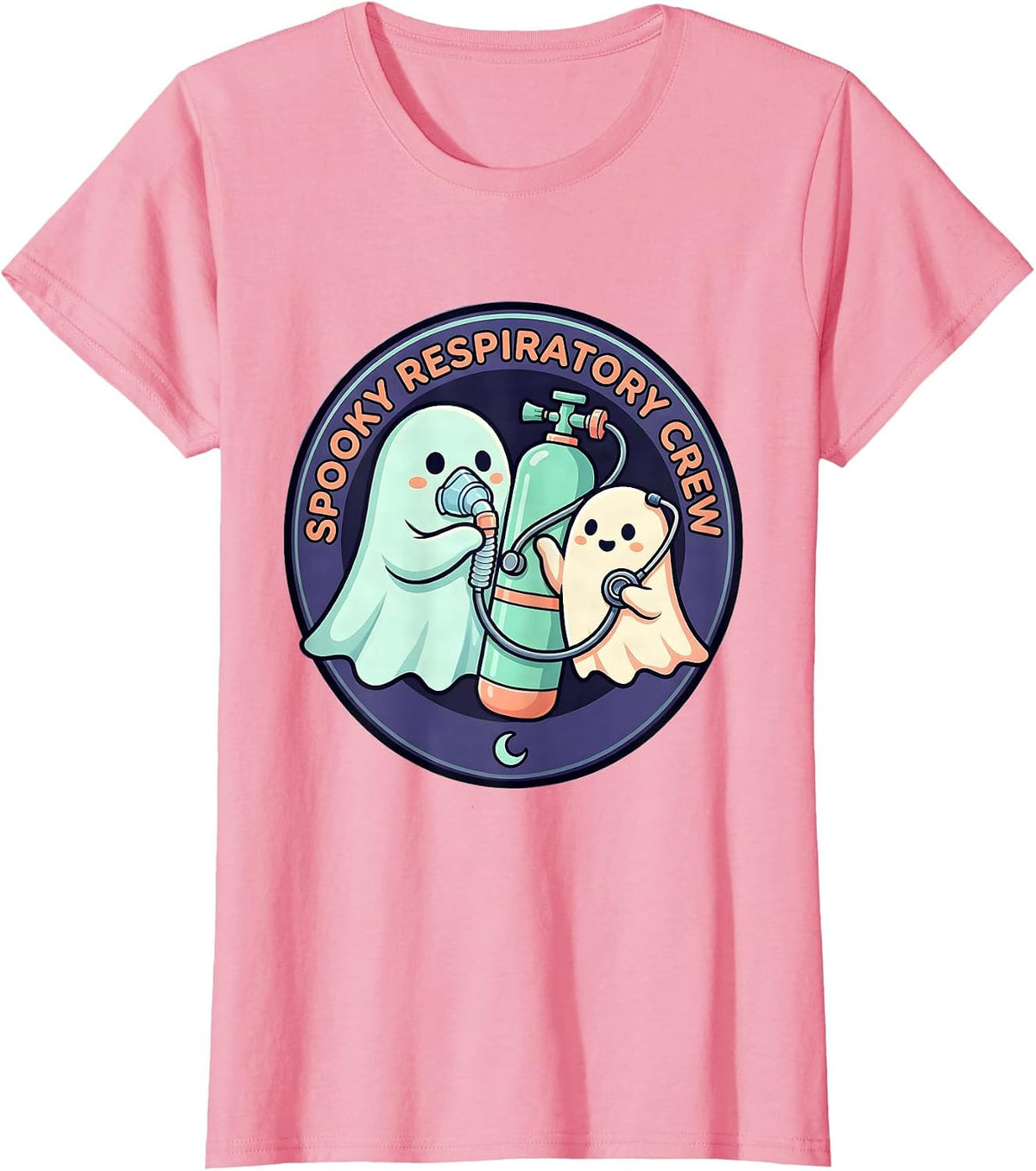 Women's Spooky Respiratory Crew Cute Ghost Halloween Occupational T-Shirt - Pink