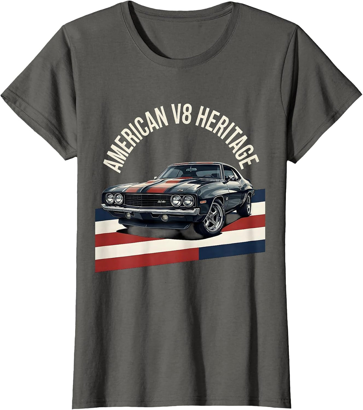 Women's American V8 Heritage Patriotic Vintage Muscle Car Enthusiast T-Shirt - Asphalt Grey