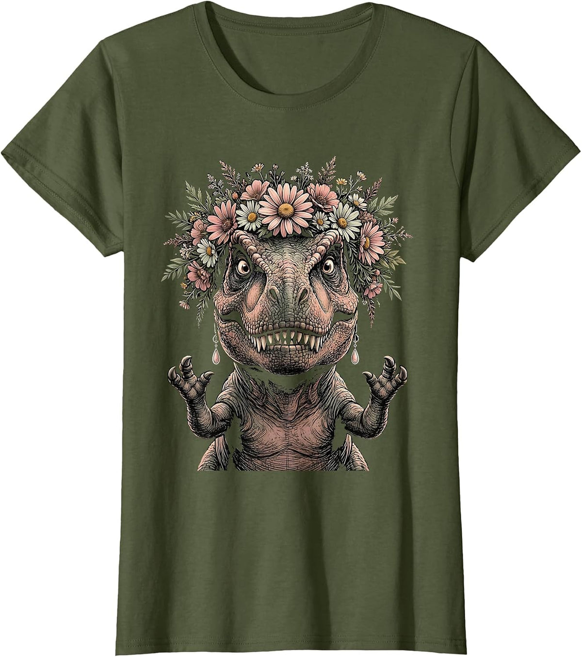 Women's Dinosaur Flower Crown and Earrings Funny Dino T-Shirt - Olive Green