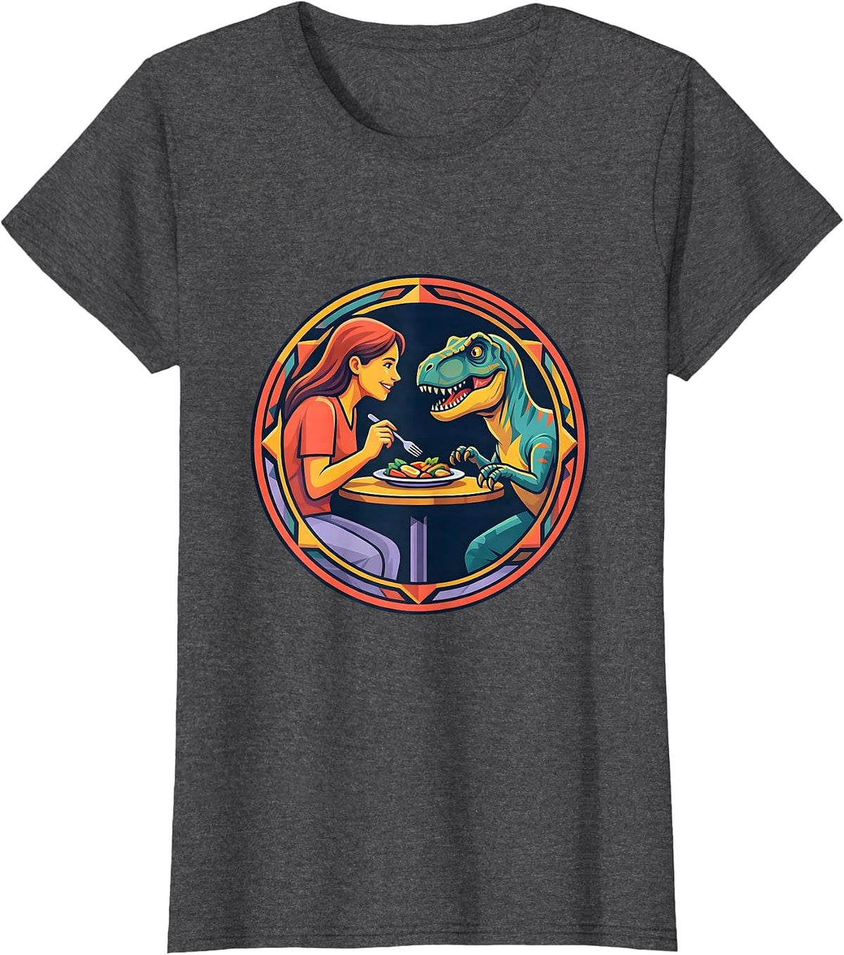 Women's Dinosaur Dining Velociraptor Meal Sharing Graphic T-Shirt - Dark Heather Grey